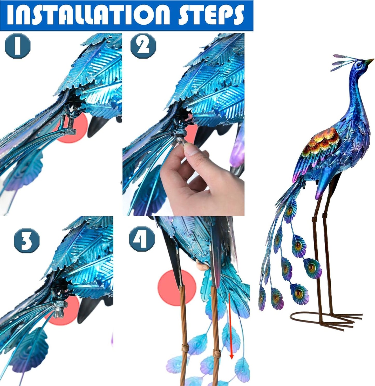 Kircust Peacock Garden Statue and Sculpture, Metal Peacock Yard Art Decor, Standing Bird Outdoor Sculptures for Patio Backyard Lawn Home Decoration