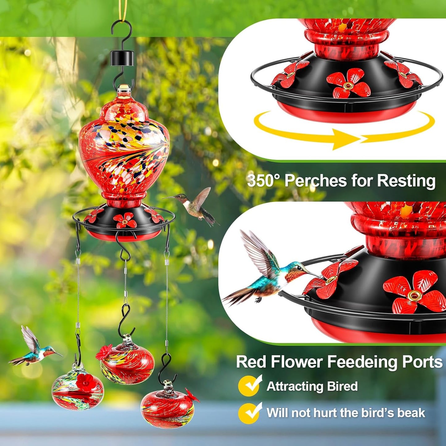 Wind Chimes Hummingbird Feeder Glass Hummingbird Feeder Spring Summer Outdoor Hanging Decor Valentine Mother's Day Gifts Outside Garden Decor for Patio Window Accessories