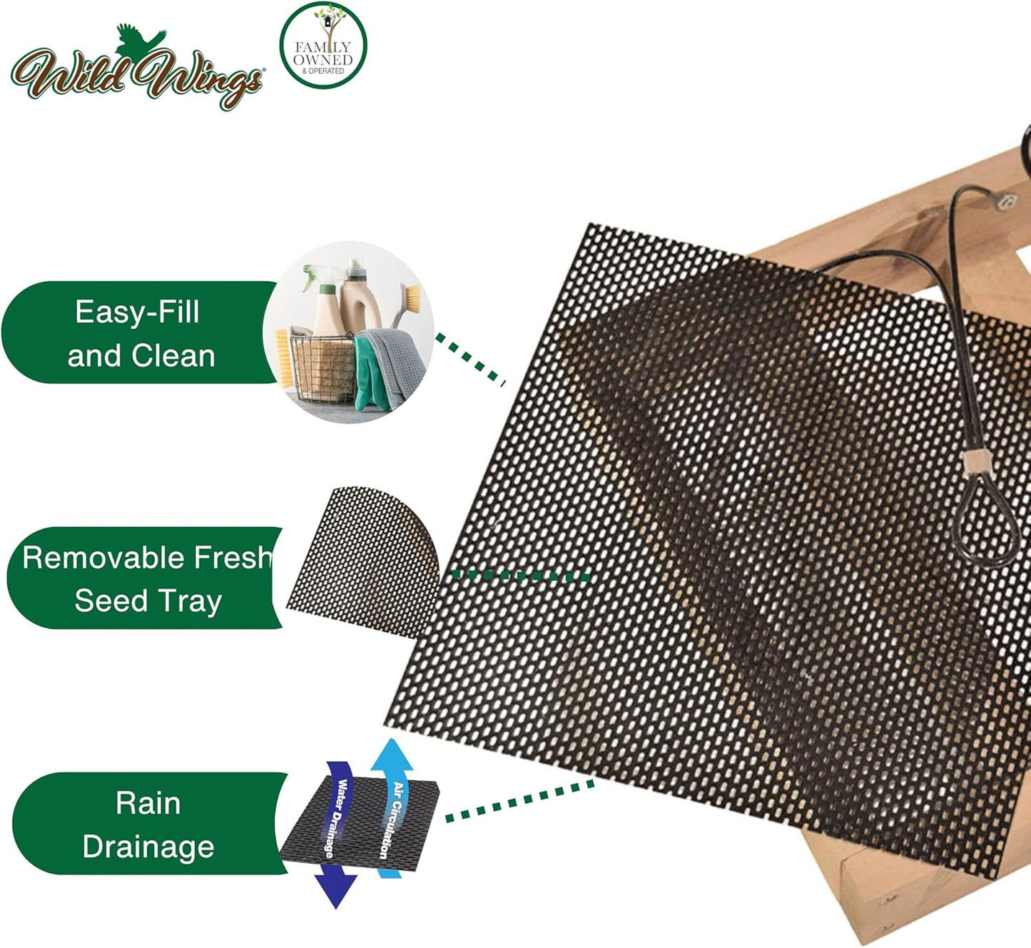 Wild Wings WWCF23 Rot Resistant Cedar Hanging Tray Bird Feeder with Fresh Seed Tray, Platform Feeder for Outdoor Wild Bird Seed Feeder and Décor, Wood