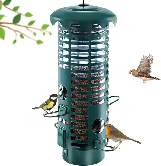 Squirrel Proof Bird Feeders Metal for Outdoors Hanging Weight Activated Wild Bird Seed Feeder for Finch Cardinal Chickadee, Weatherproof & Chew-Proof, 2LB Large Capacity, Green