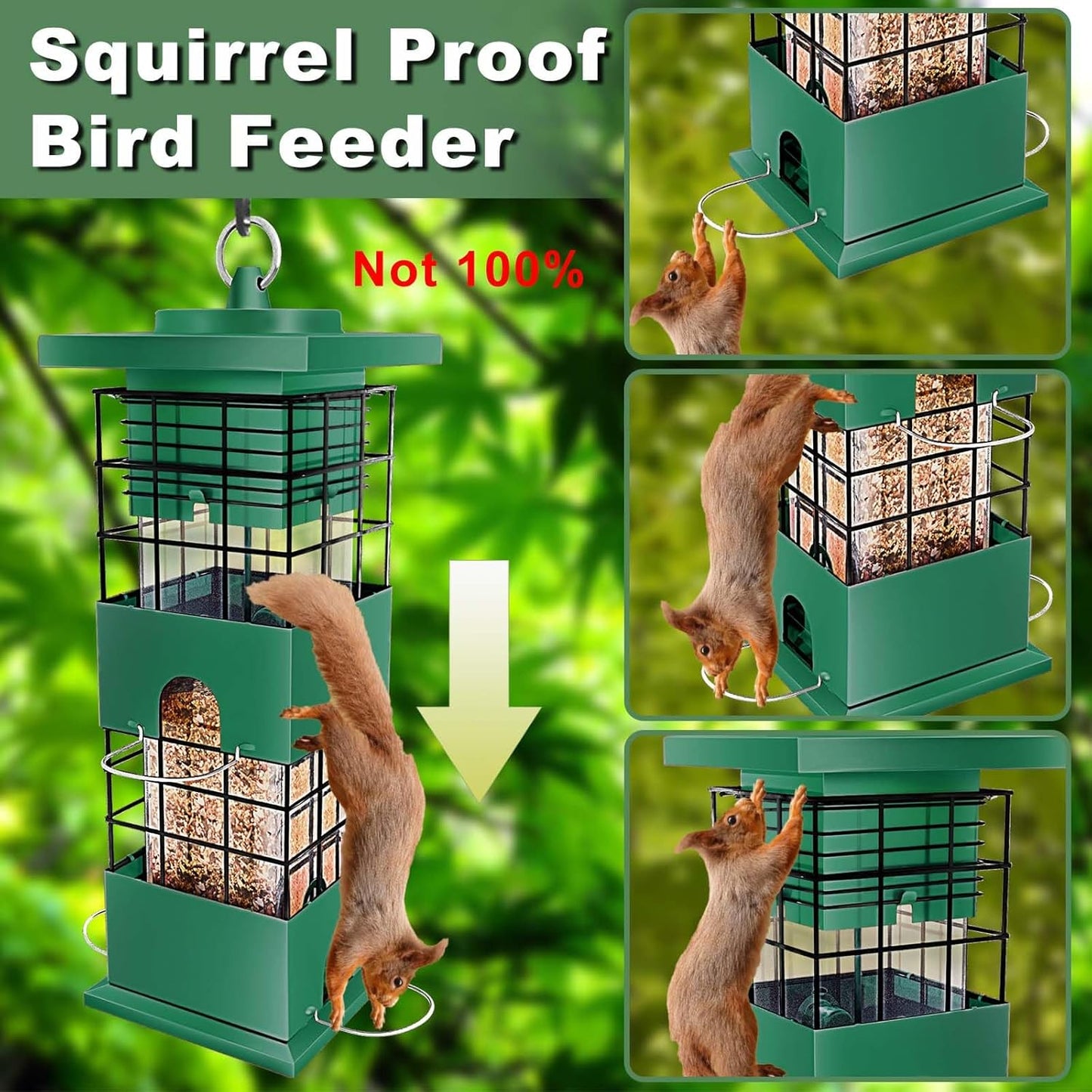 Bird Feeder Squirrel Proof, 3Lbs Metal Heavy Duty Birds Feeder with 4 Feeding Ports for Outdoors Hanging, Birdseed Feeder for Cardinal, Finch, Sparrow, Wild Birds, Outside (Green)