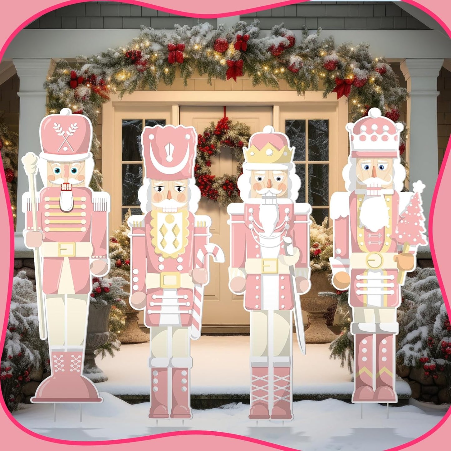 Geetery 4 Pcs Large Nutcracker Yard Sign with 16 Stakes 32 Inch Christmas Yard Decorations Outdoor Holiday Nutcracker Xmas Outside Lawn Decor for Garden Pathway Party(Pink,Cute)