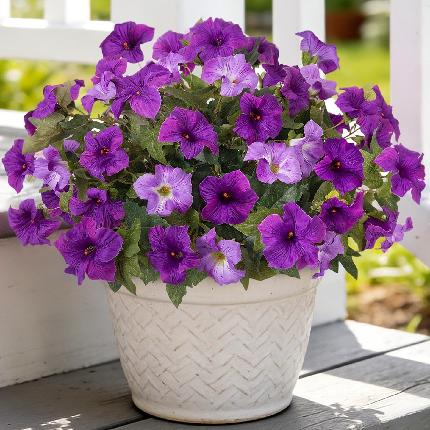 6 Pcs Artificial Petunia Flowers for Outdoors, Fake Flowers for Outdoor Planter, UV Resistant Realistic Faux Petunias Plants for Outside No Fade for Garden Porch Patio Indoor Decor(Double Purple)