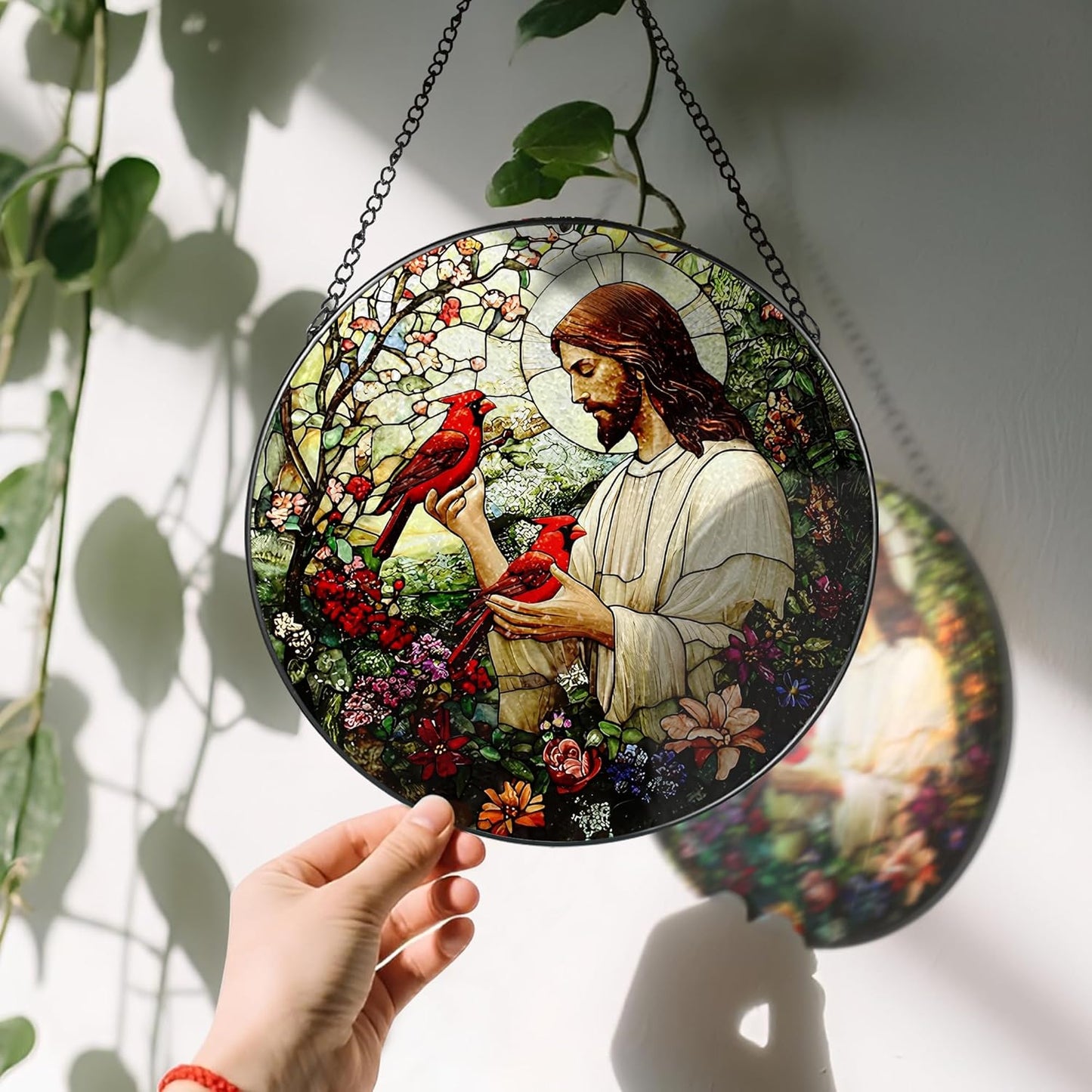 8-Inch Jesus with Cardinals Suncatcher Ornament, Stained Glass Window Hanging & Religious Christmas Ornament, Christian Window Decor — Memorial Gift, Christian Gifts for Her, Religious Gifts