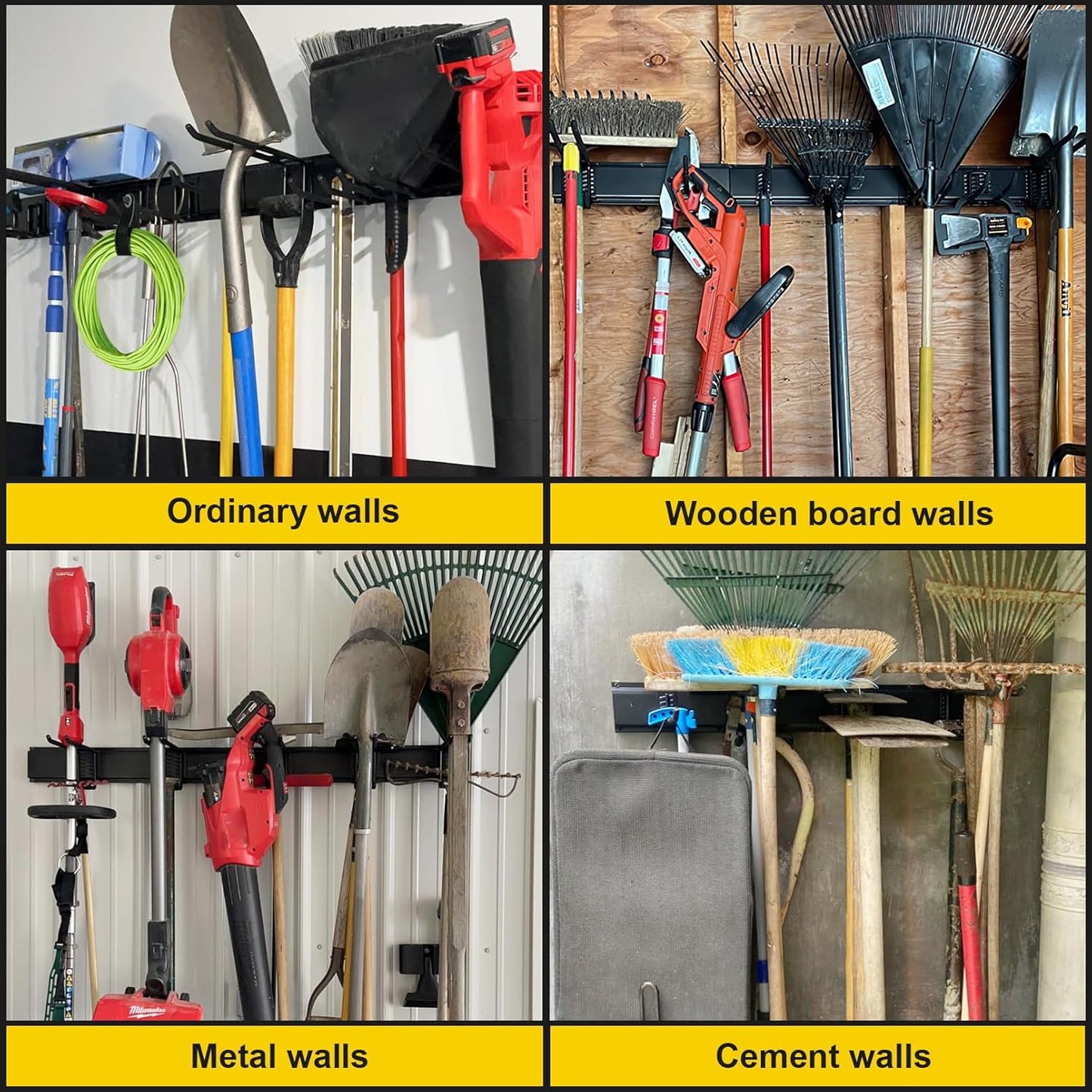 Garage Tool Organizer Wall Mount, 48 Inches Garden Garage Storage Organizer with Adjustable Hooks, Metal Garage Storage Rack Max Loading 440lbs, Tool Holder for Hanging Rake Broom Mop Snowboard