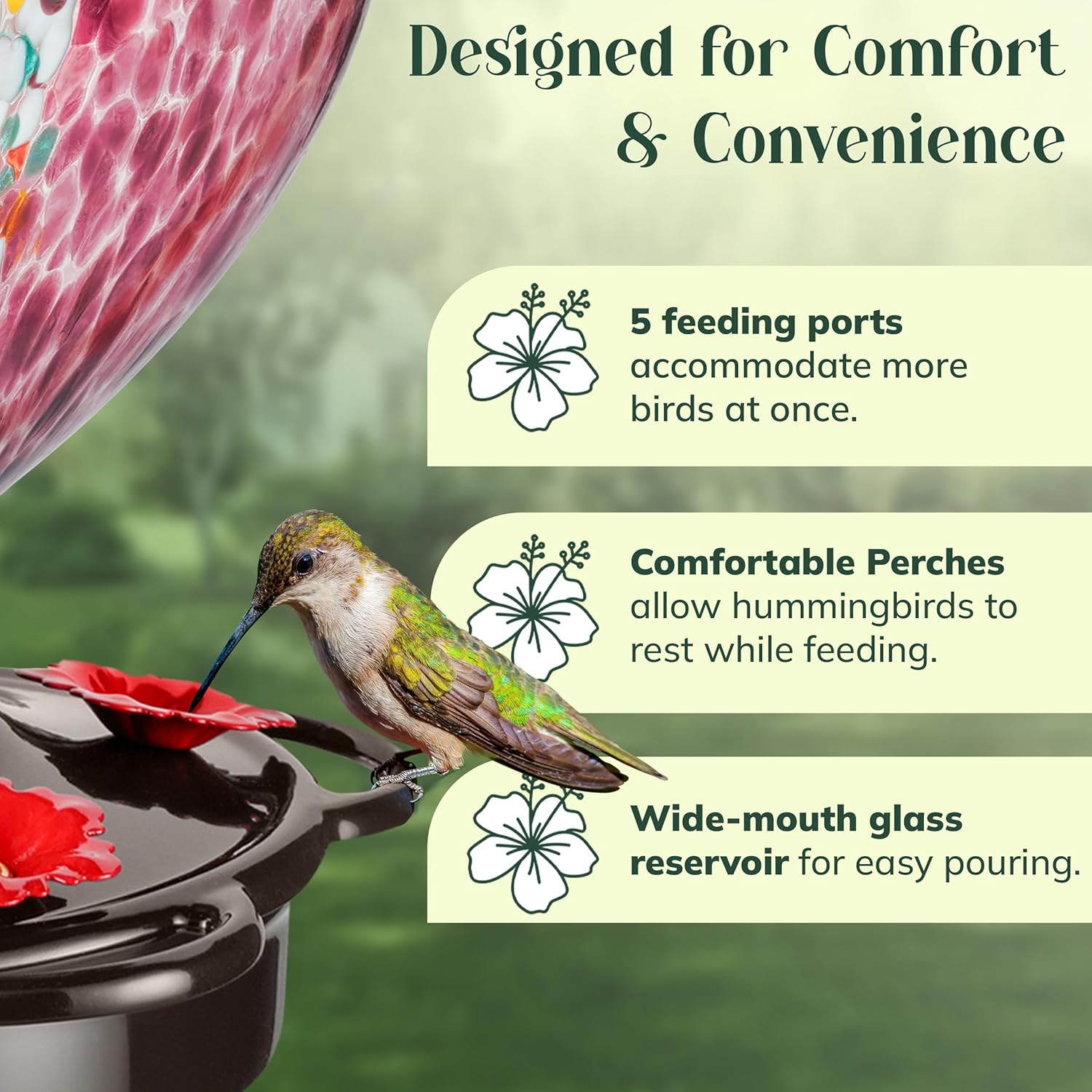Hand Blown Glass Hummingbird Feeder for Outdoors All Season Use - 28 F
