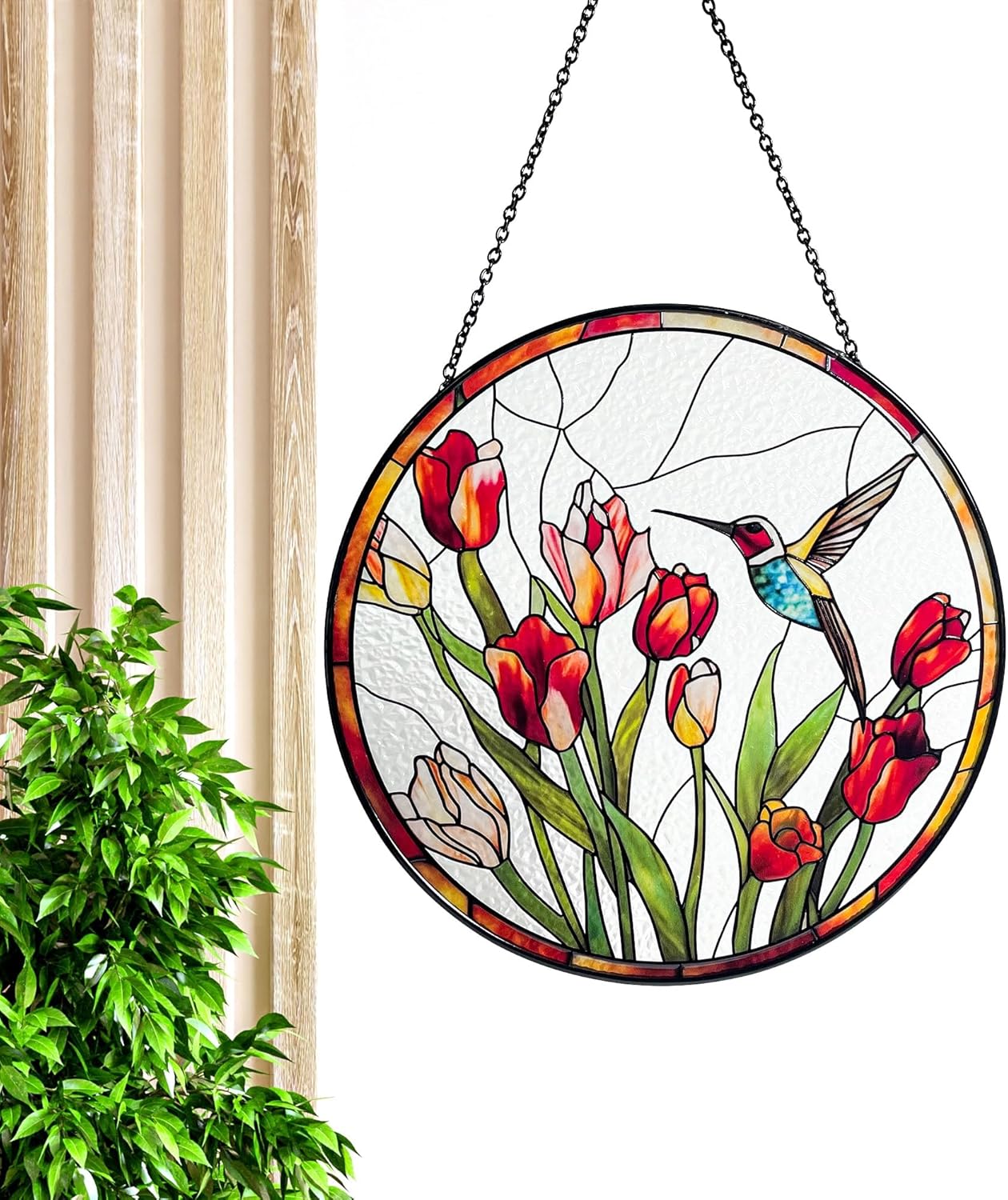Hummingbird and Tulips Stained Glass Suncatcher - Handcrafted Real Glass Window Hanging for Home, Garden, and Patio Decor - 7.8 inch Round Decorative Art Gift for Nature Lovers and Moms