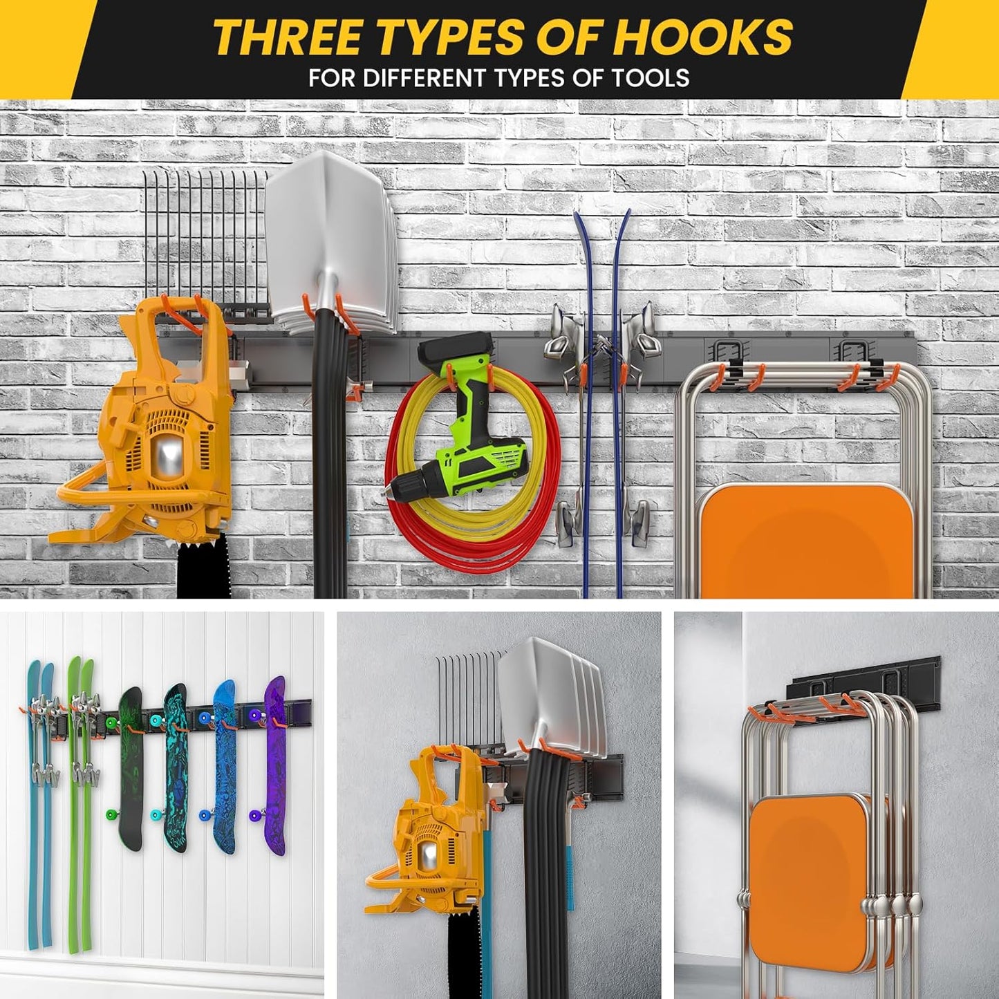 Garage Storage Organization Wall Mount, Garden Tool Organizer 48 Inches, Adjustable Heavy Duty Metal Hooks, Yard Tool Organizer Hold Up to 450lbs, Hanging Rake Broom Mop Snowboard (48 inch)