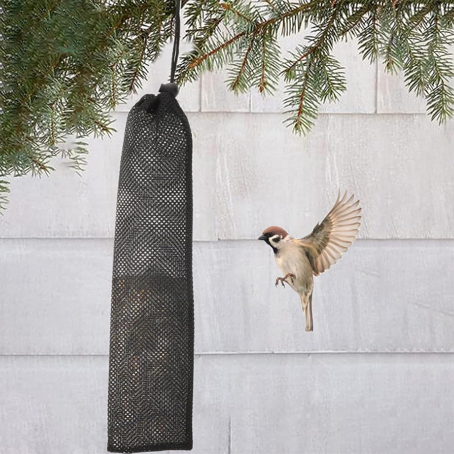 Mipcase 6Pcs Finch Feeder Socks : Polyester Hanging Mesh Bird Feeder Bag for Wild Birds Outdoor Backyard Seed & Suet Pouch, 15.72X3.89X0.04inch (Black)