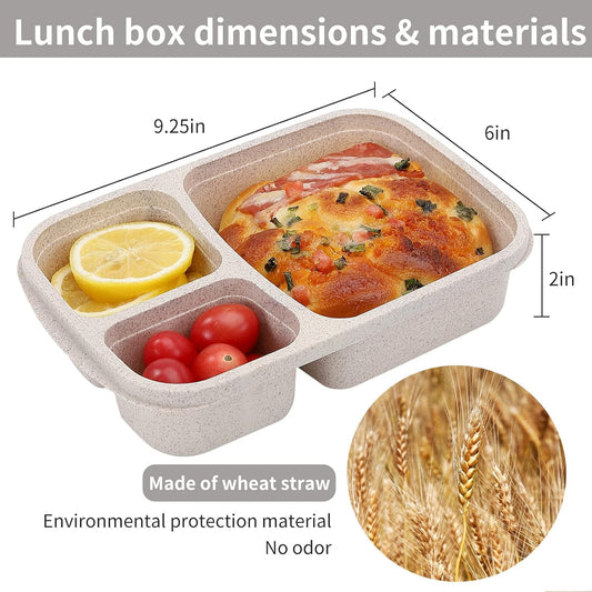 4 Pack Bento Lunch Box Set 3 Compartment Food Storage Containers Wheat Straw Meal Prep Lunch Box Plastic Food Storage Containers, Microwave and Dishwasher Safe (light colour)
