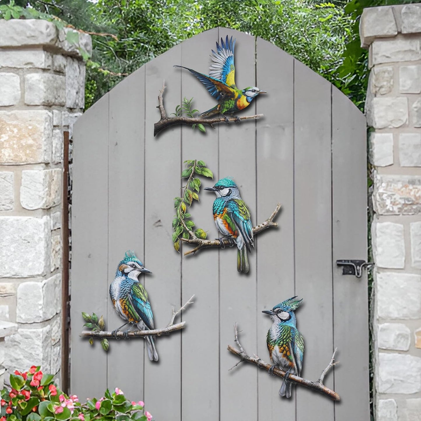 Metal Bird Wall Art Decor - 4PCS 3D Colorful Birds Sculpture Outdoor I