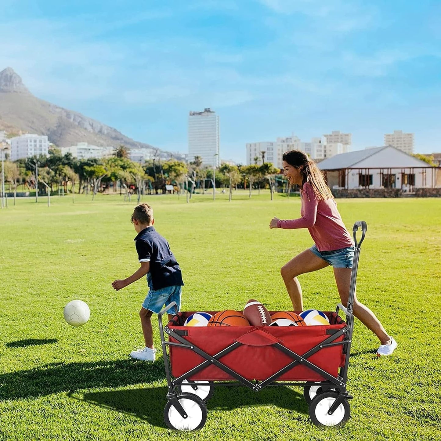 Heavy Duty Collapsible Garden Trolley Cart, Foldable Utility Wagon for Outdoor Camping & Gardening, 80KG Capacity, Adjustable Handle & Universal Wheels, Black