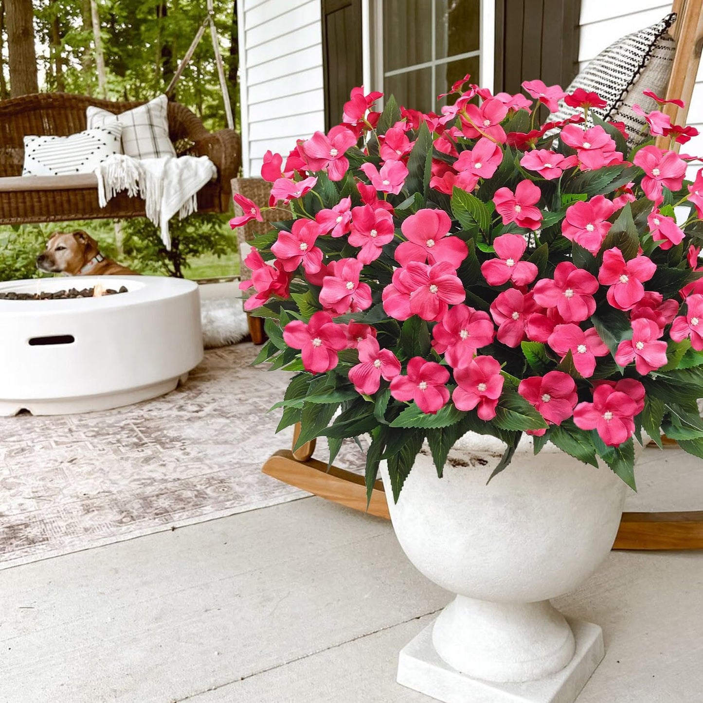 8 Bundles Artificial Impatiens for Outdoors UV Resistant Artificial Outdoor Flower Bouquet Fake Flowers Faux Plants Silk Flowers for Outside Front Porch Garden Window Box Planter Decor(Rose Red)