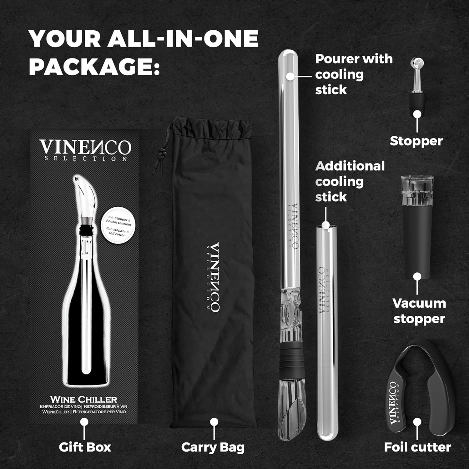 Wine Chiller Set & Chill Rods + Foil Cutter, Stopper, Ebook - Premium 