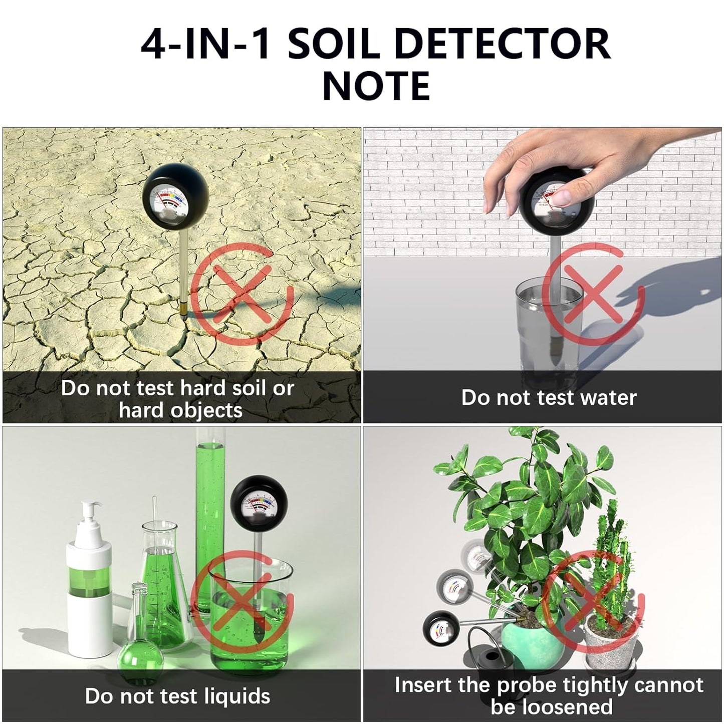 4-in-1 Soil Tester, Battery Free Plant Moisture Meter with PH/Moisture