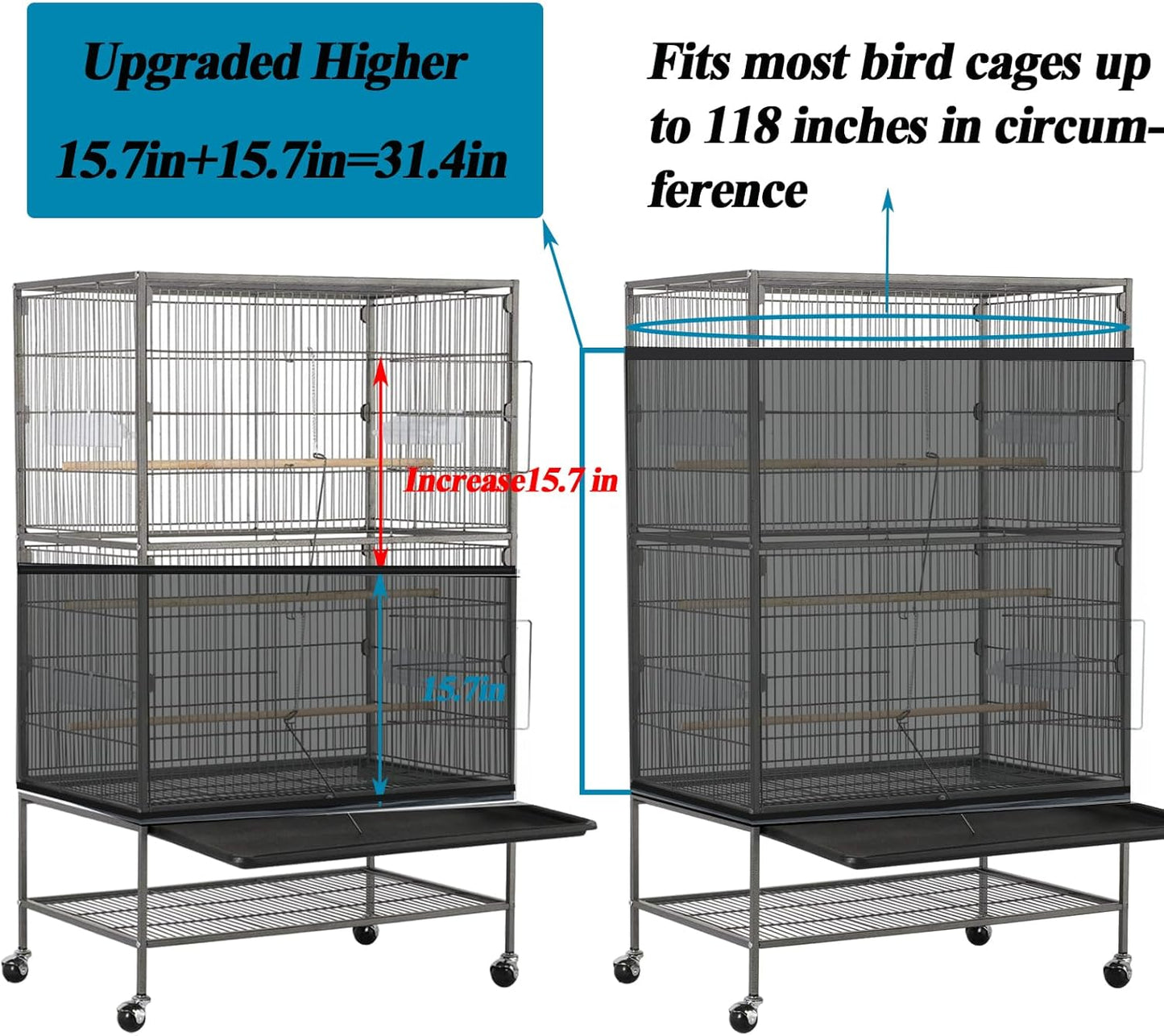 ASOCEA Large Bird Cage Seed Cather,Bird Cage Cover Adjustable Soft Airy Skirt Guard Birdcage Nylon Mesh Net for Parrot Parakeet Macaw African Round Square Cages Cover (118 * 31.5in/300 * 80cm) (Black)