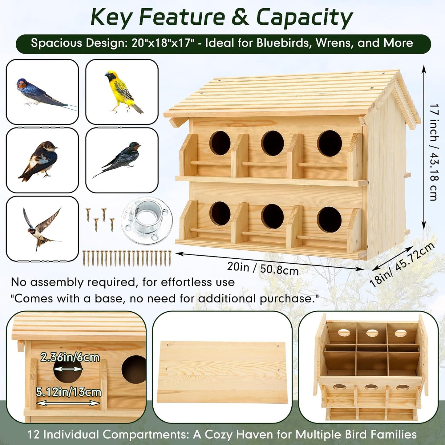 Bird House for Outside 12 Room Round Entry Large Purple Martin House for Garden Courtyard Backyard Decor 20 Inch Rustic Bluebird Wren Chickadee Sparrow Nest Box