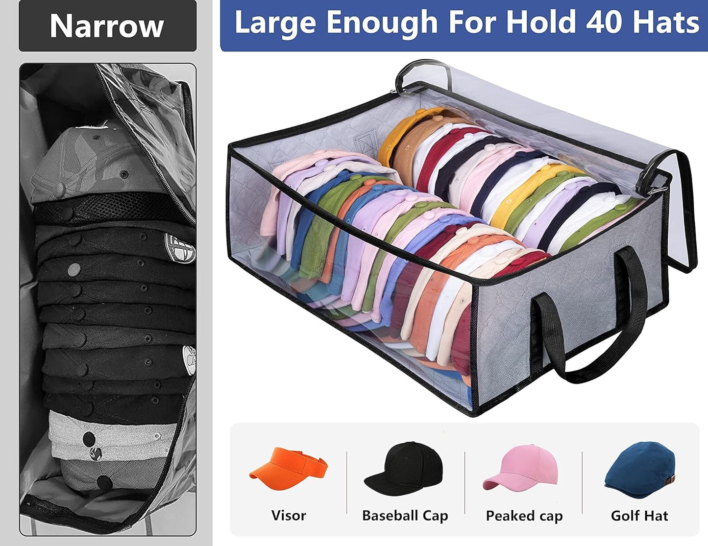 AOODA Hat Storage for Baseball Caps, Large Holds up to 40 Caps Wide Hat Organizer for Closet Snapback Holder, Grey