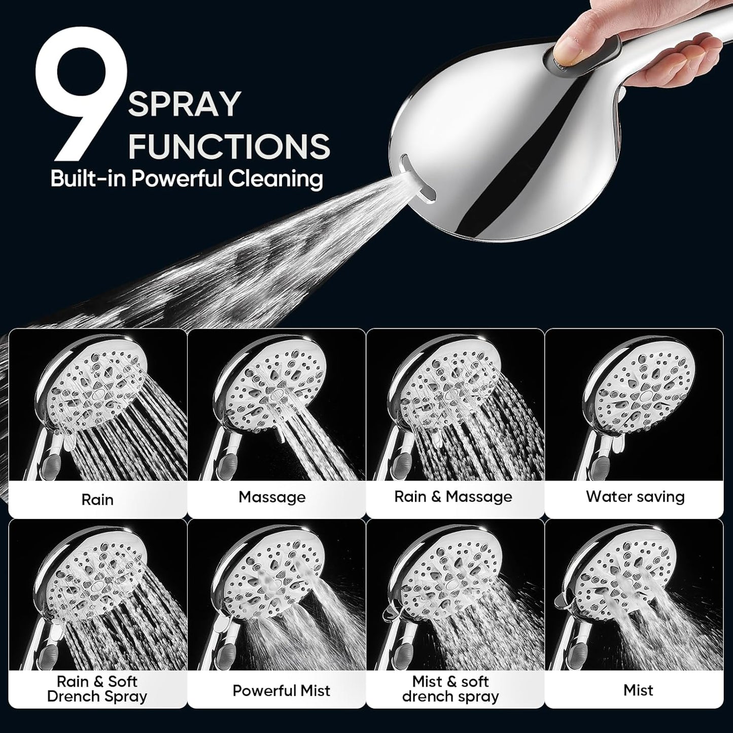 Cobbe High Pressure Shower Head with Built-in Pause Button, 9-Function Detachable Showerhead with Handheld Brass Swivel Bracket & Stainless Steel Hose, Water Saving 1-Click Stop, Chrome