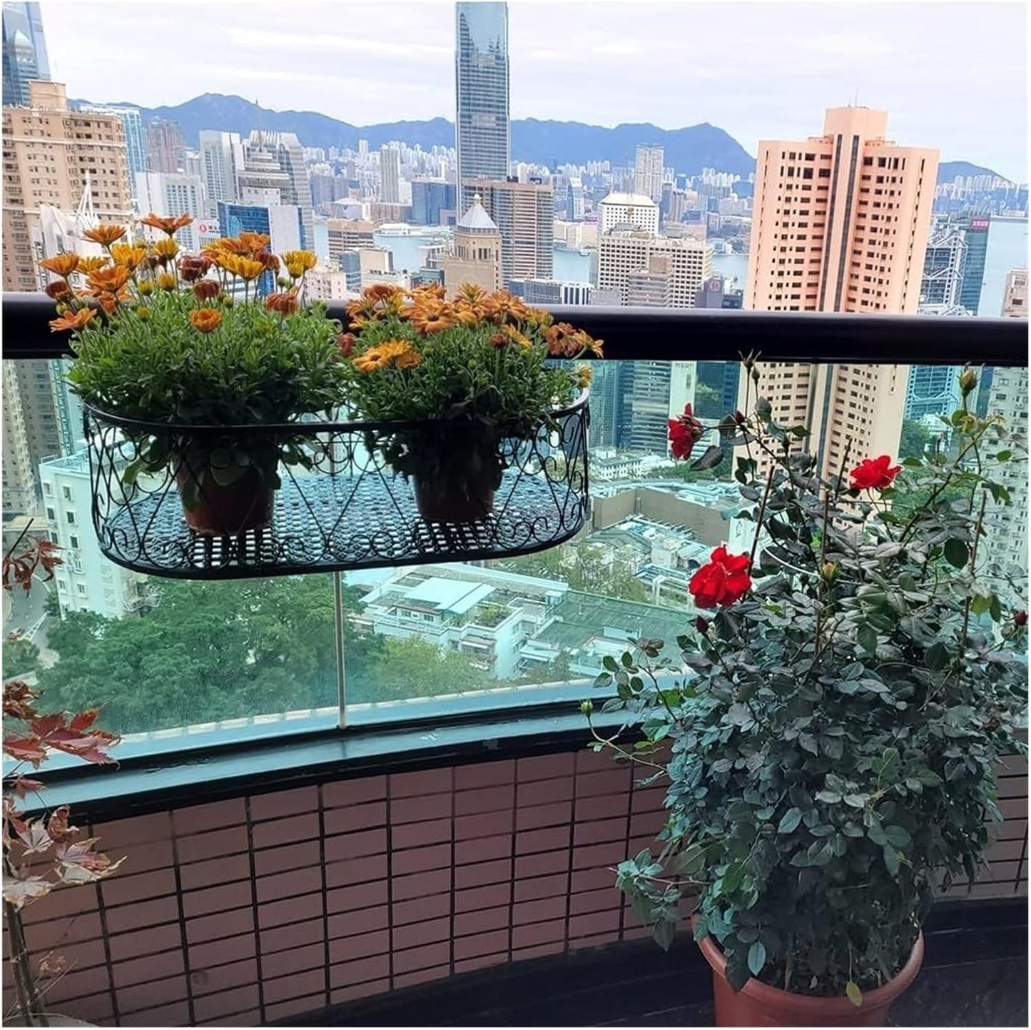 Railing Planter Box - Decorative Fence Planters for Flowers, Hanging Shelf and Potted Plant Stand, Outdoor Balcony Garden Decor, Ideal for Home and Patio