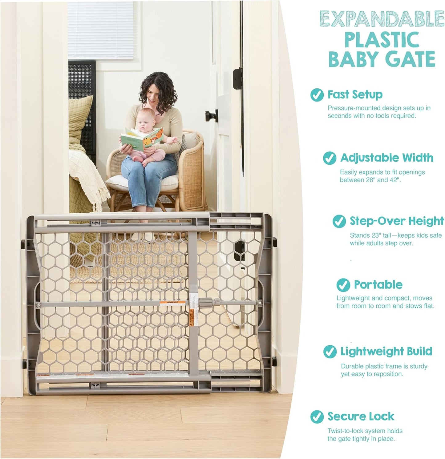 Regalo Safety 28"-42" Extra Wide Baby Gate for Doorways & Bottom of Stairs, Pressure Mounted Safety Gate for Babies, Toddlers & Pets, Tested & Safe for 30 Years, American Designed, American Owned