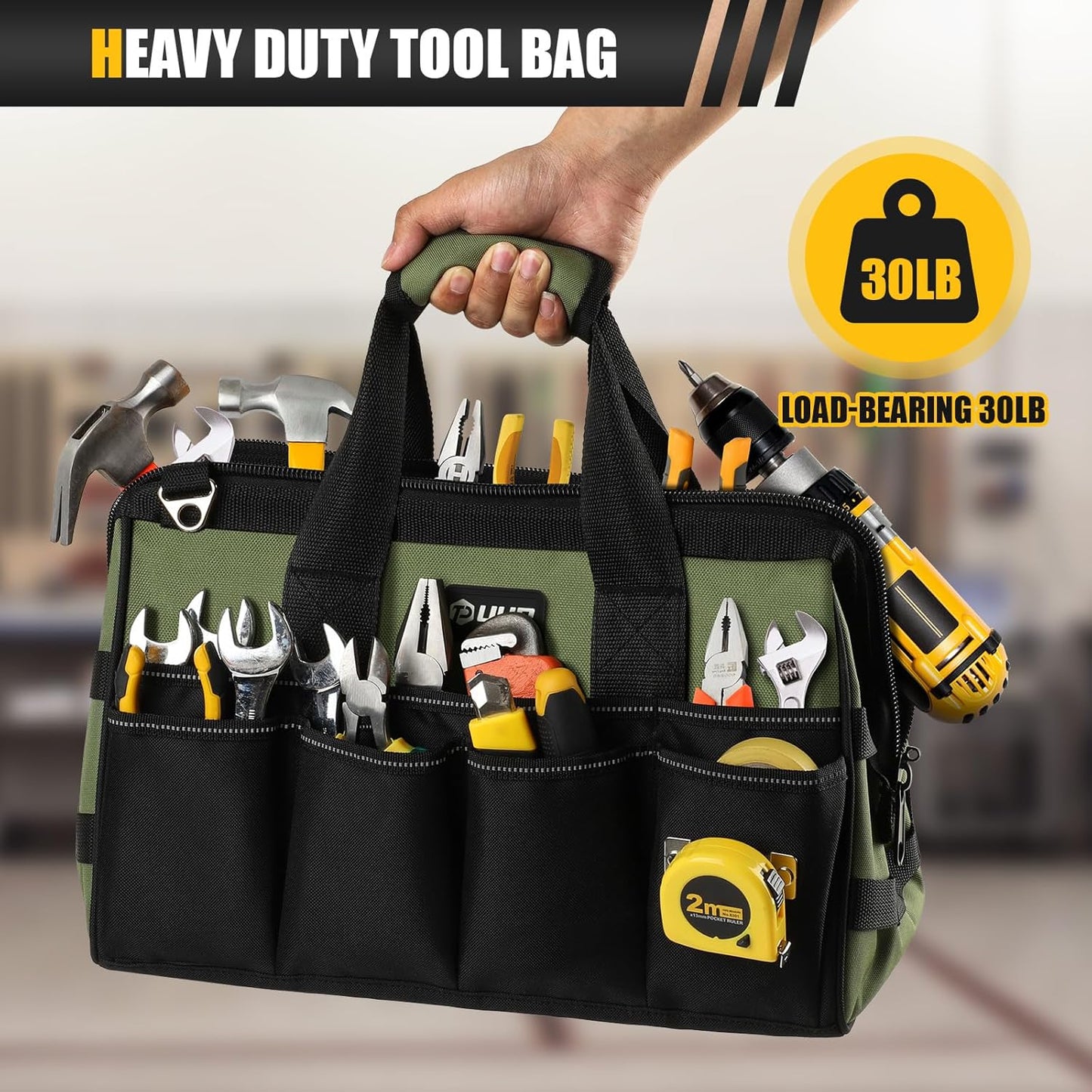 Heavy Duty Tool Bag 15-Inch, 16-Pocket Portable Empty Tool Box Organizer, Big Storage Toolbox Organization, Soft Handle Large Zipper Carrying Toolbag, Father Day Gifts for Him Dad Men, Green