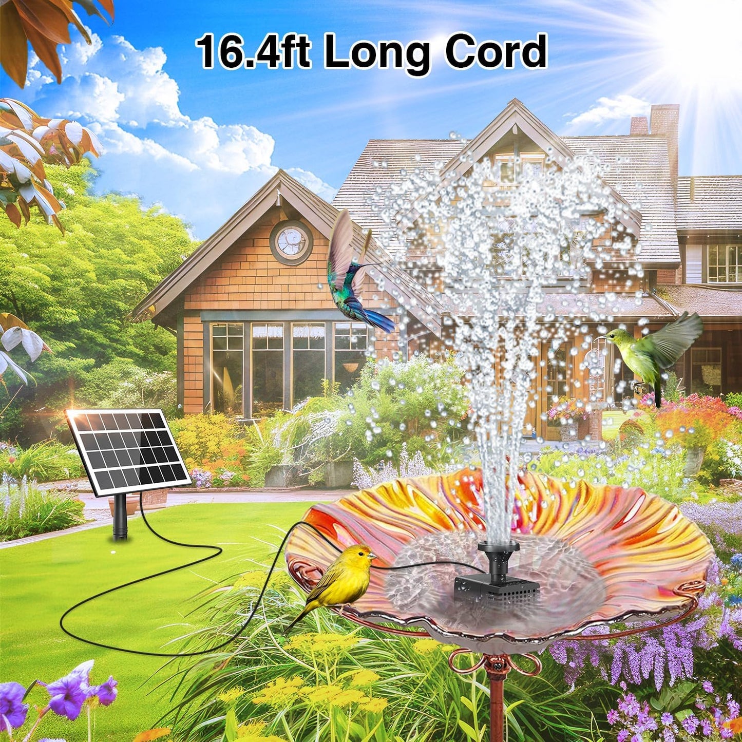 Jutai Solar Fountain Work in Cloudy Day with 2000mAH Battery Backup, 3.5W Glass Panel DIY Water Pump Kit with Sucker and Stake for Bird Bath, Water Feature,Garden, Outdoor-7 Nozzles,16.4ft Power Cord