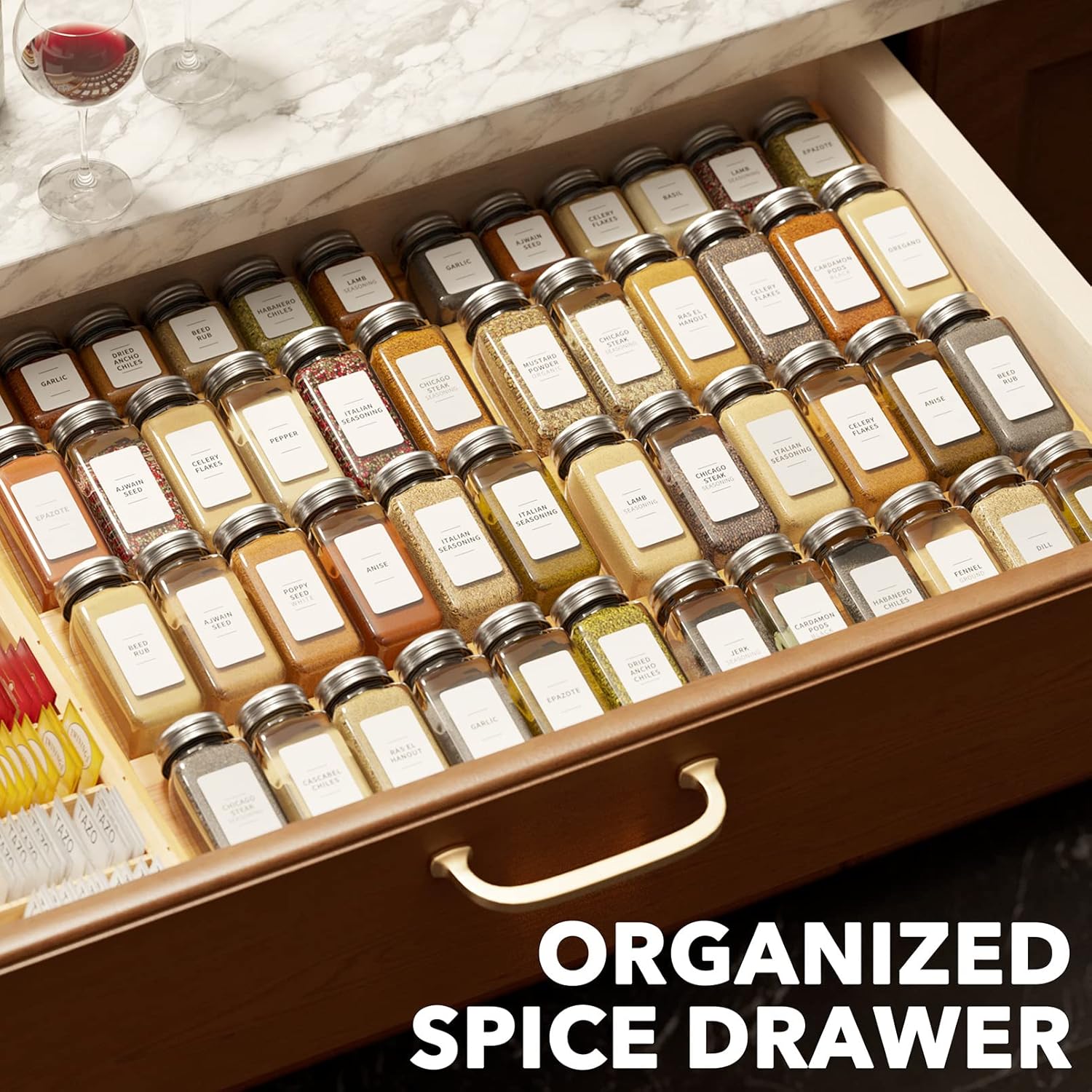 SpaceAid Bamboo Spice Drawer Organizer, (Need 3" Deep Drawer) Expandab