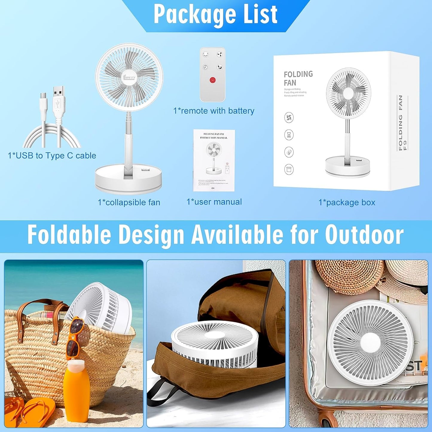 Portable Foldable Rechargeable Oscillating Fan - 8.6" 8000mah Battery Operated USB C Small Fan Remote, Quiet Table Desk Fan Folding Standing Pedestal Fans for Bedroom Rome Office Camping Travel