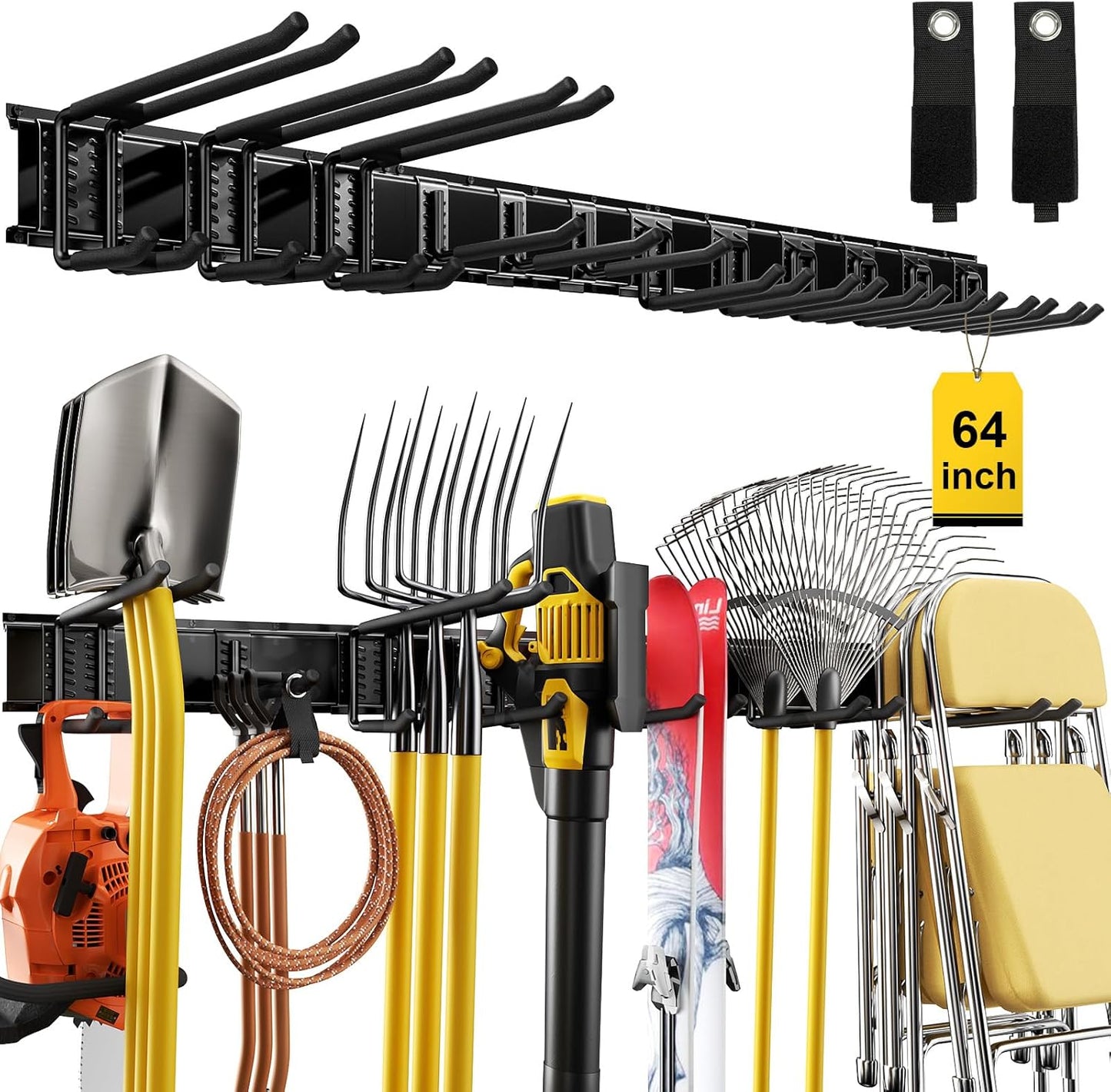 64" Garage Tool Organizer Wall Mount, 900 lbs Heavy Duty Steel Garden Tool Storage Rack with 12 Adjustable Hooks for Yard, Shed, Garage (4 Racks, 12 Hooks, 2 Straps)
