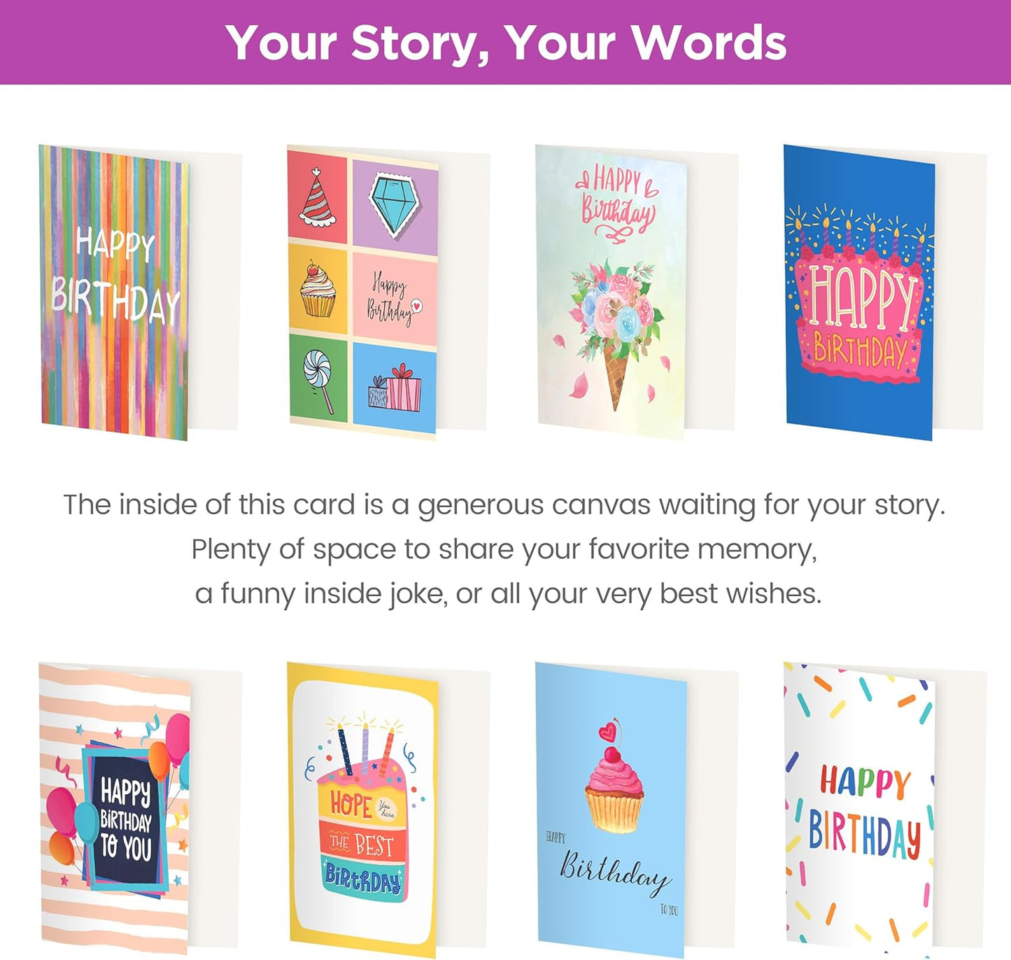 100 Unique Birthday Cards with Envelopes - Assorted Happy Birthday Cards, 4 x 6 inches, Envelopes & Stickers in Bulk Boxed Set