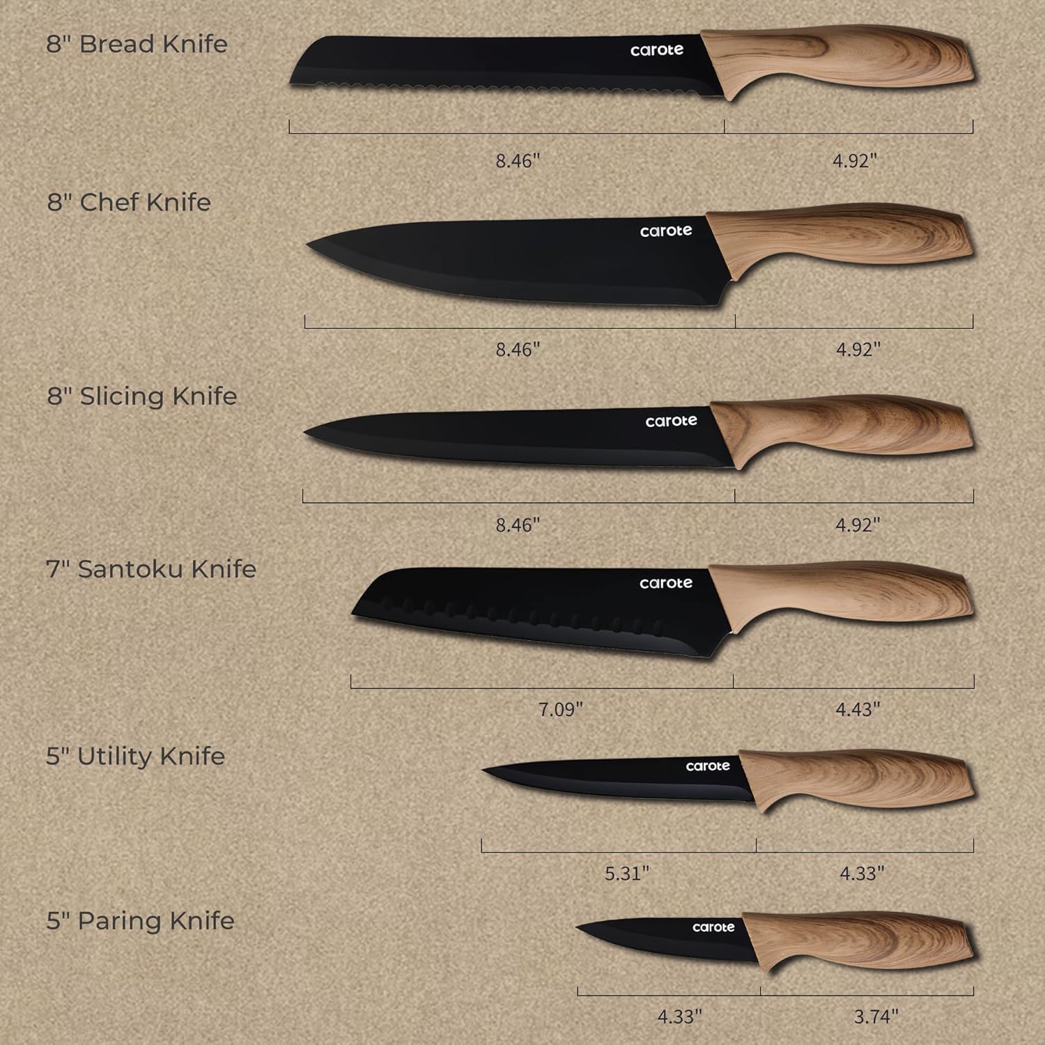 CAROTE 12PCS Knife Set, Stainless Steel Kitchen Knife Set with Nonstic