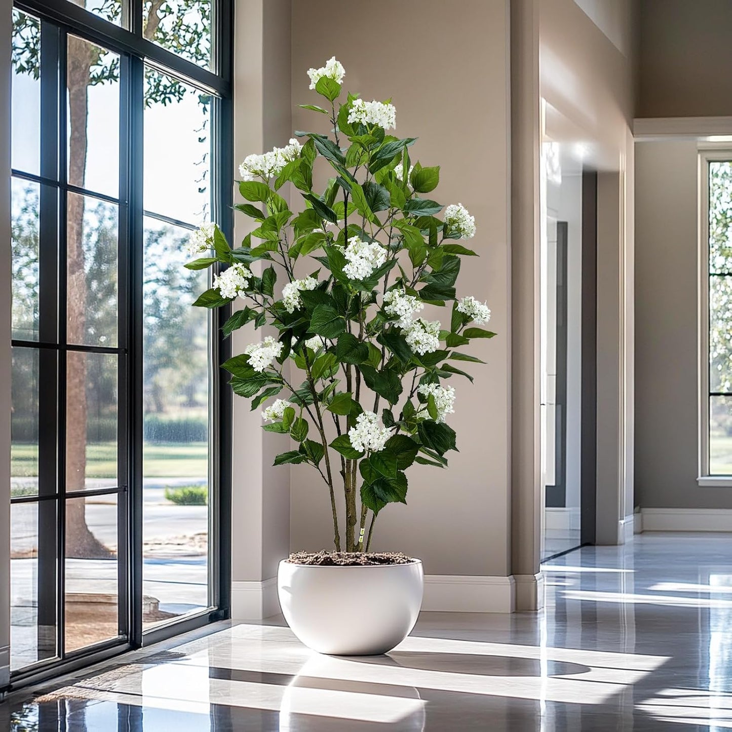 6FT Artificial Hydrangea Tree with 29 Blooms, Potted Fake Plant for Home Office Decor, Realistic Leaves & Bendable Branches, White Planter (6 FT)