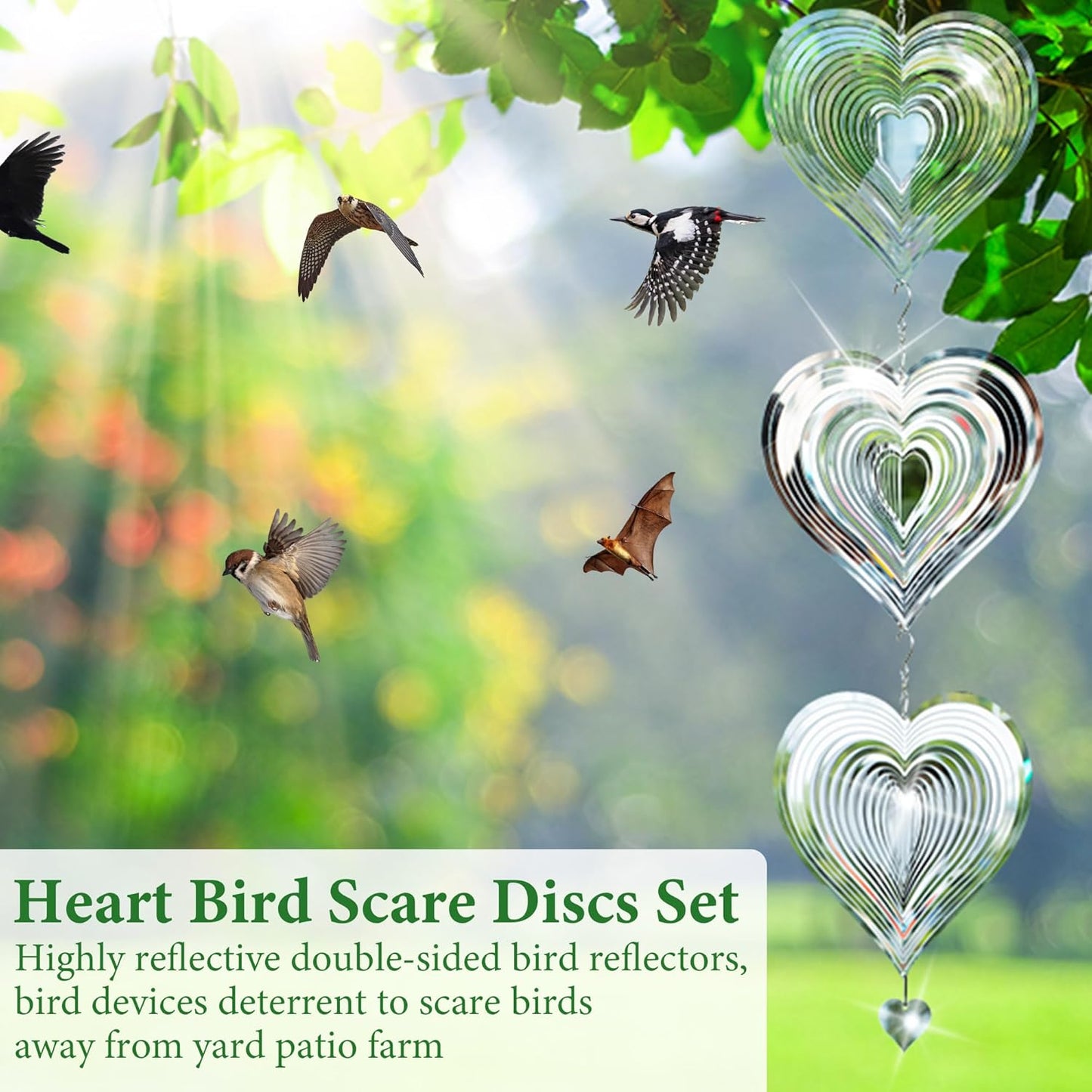 3 Pcs Heart Wind Spinner, 8 In Bird Deterrents for Outside, 3D Metal Wind Spinners for Deterrent to Scare Birds Away from Yard Patio Farm,Stainless Steel Reflective Winds Spinners Outdoor Garden Decor