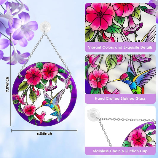 Stained Glass Window Hanging, Hummingbird Gifts for Women, Bird and Flowers Suncatcher for Window, 6" Purple Sun Catchers, Hand Painted Glass for Birds Lover (6 inch)