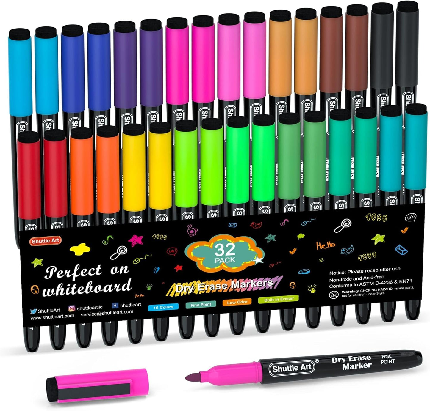 Shuttle Art Dry Erase Markers, 32 Pack 16 Colors Magnetic Whiteboard M