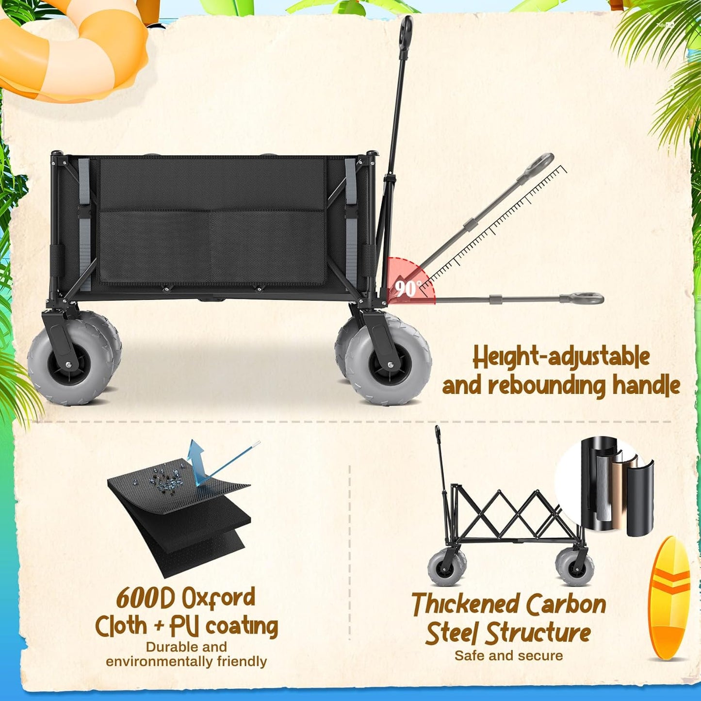 Beach Wagon with Big Wheels for Sand Heavy Duty Collapsible Wagon with 9" All Terrain Inflatable Tires, Foldable Beach Cart for Camping Outdoor Grocery Shopping Garden Sports