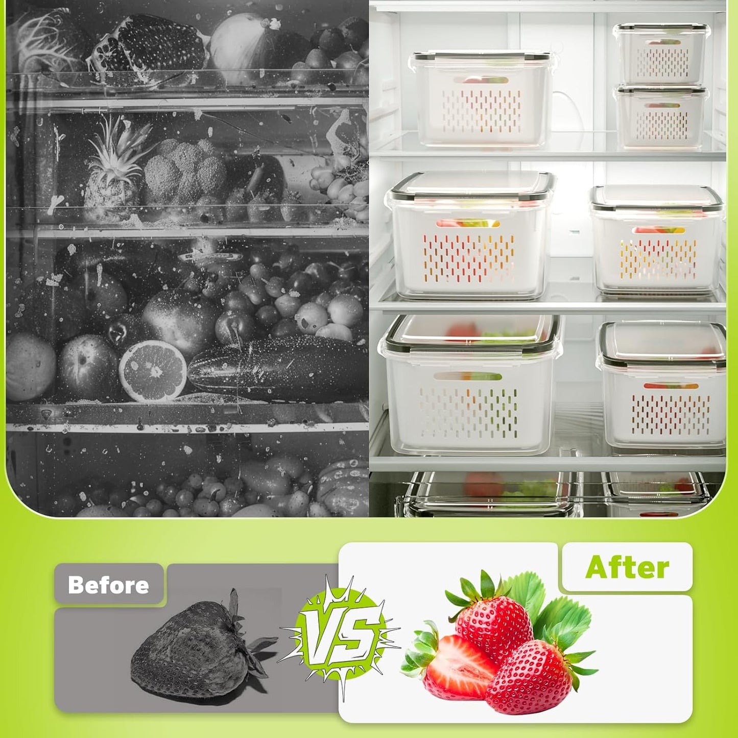 5 Pack Fruit Storage Containers for Fridge, Plastic Fruit Containers for Fridge with Removable Colanders, Leakproof Fridge Organizers and Storage for Berry Vegetable Salad Lettuce Meat Food
