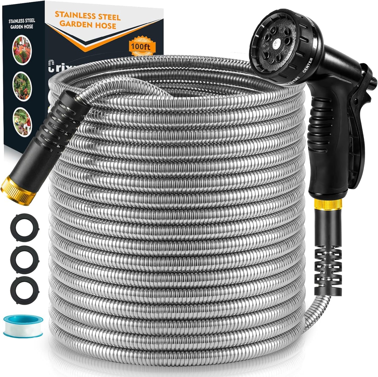 100ft Garden Hose, Heavy Duty Metal Water Hose 100 ft with 10 Function