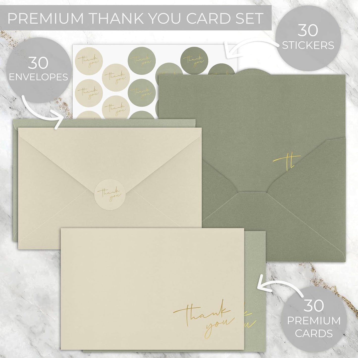 Beautiful Thank You Cards Set of 30 With Envelopes and Stickers - Elegant Blank Cards For Personalized Notes - Perfect Bulk Stationary Set For All Occasions incl. Weddings, Business & Baby Showers