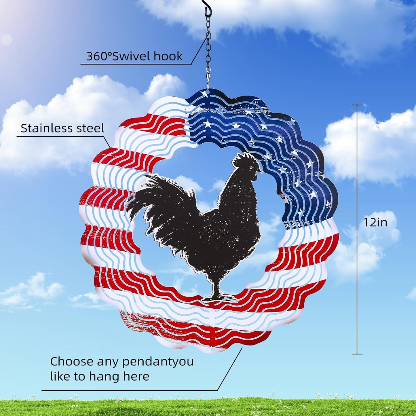 Chicken Wind Spinners 3D Hanging American Flag Wind Spinner Garden Ornament Gifts,12inch Metal Wind Kinetic Sculpture for Outdoor&Indoor,Yard Art,Garden Silhouette Decoration