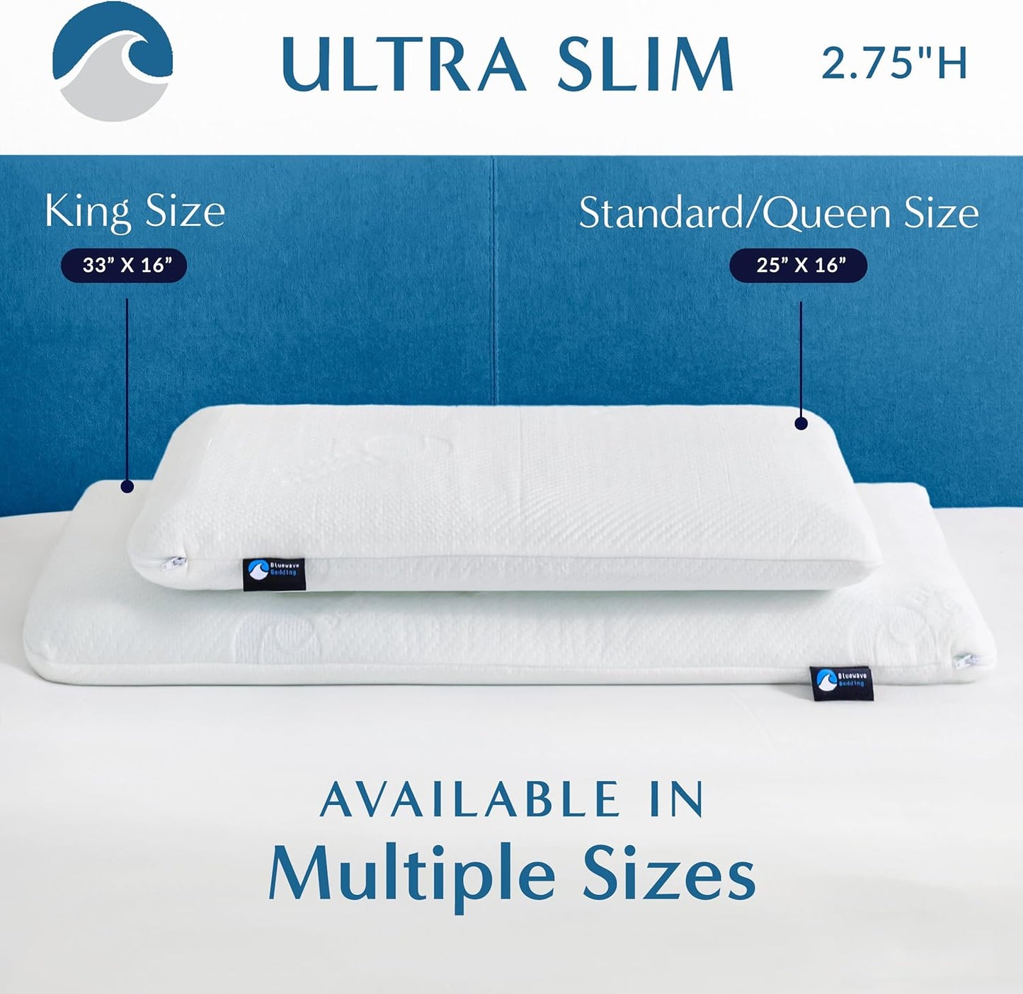Bluewave Bedding Ultra Slim Gel Memory Foam Pillow for Stomach and Back Sleepers - Thin, Flat Design for Cervical Neck Alignment and Deeper Sleep (2.75-Inches Height, Standard Size)