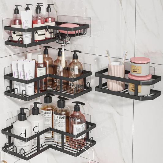 Shower Caddy Corner with Soap Holder, No Drilling Shower Shelves-Rustproof, Adhesive Shower Organizer Corner for Dorm. Black, 4-Pack