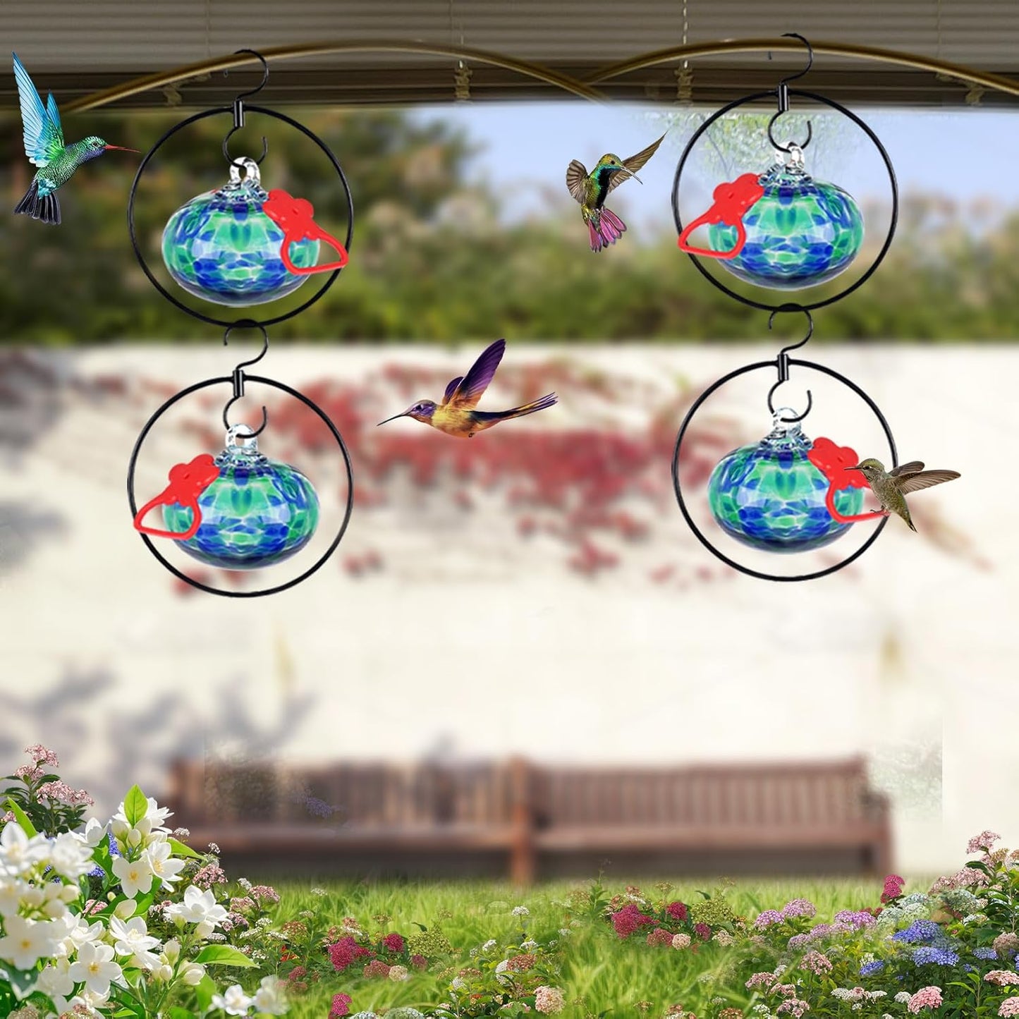 4 Pack Circular Hummingbird feeders for Outdoors Hanging,Hand Blown Glass Hummingbird Feeder with 4 Adjustable Silicone Perch,Never Leak,Gardening Gifts for Woman Man(Dotted Blue)