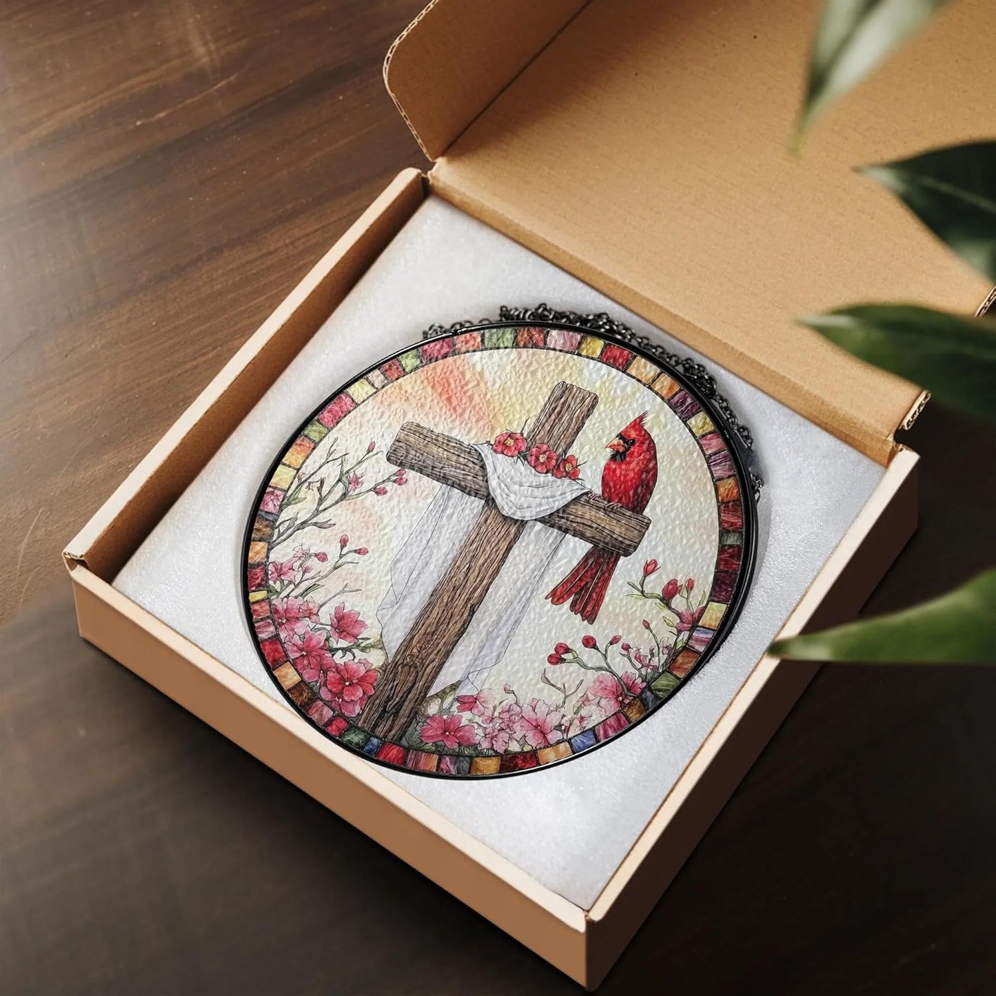 Red Cardinals Cross Suncatcher Stained Glass Window Hanging Christian Gifts for Women Faith Home Decorations Jesus Gifts for Women of God Christmas Mothers Day Religious Catholic Religion Bible Gift