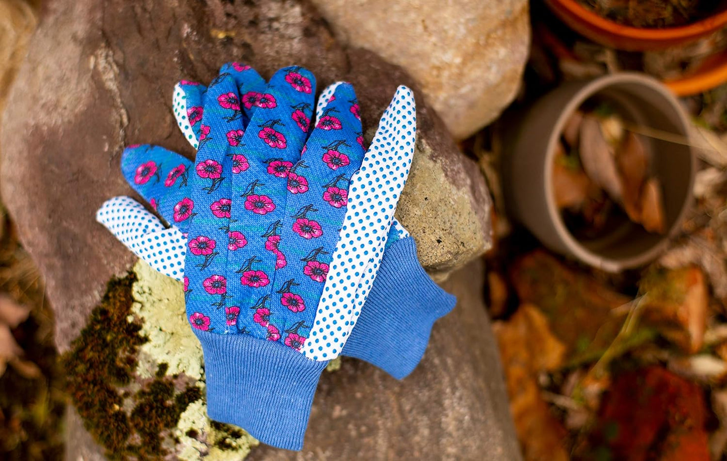 Women's Gardening Gloves, Soft Cotton Jersey, Floral Print, PVC Dot Grip, Comfortable & Durable Multi color Green, Red, Blue