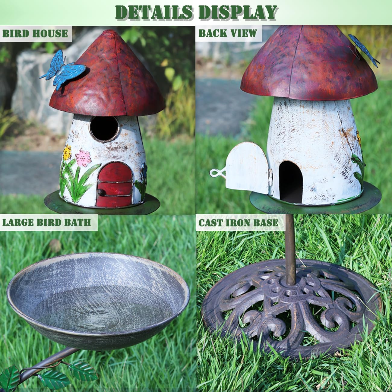 Multi-Functional Birdhouses for Outdoors, Metal Bird House with Bird Feeder and Bird Bath, 3-in-1 Suitable for Garden Decoration Yard, Cast Iron Base