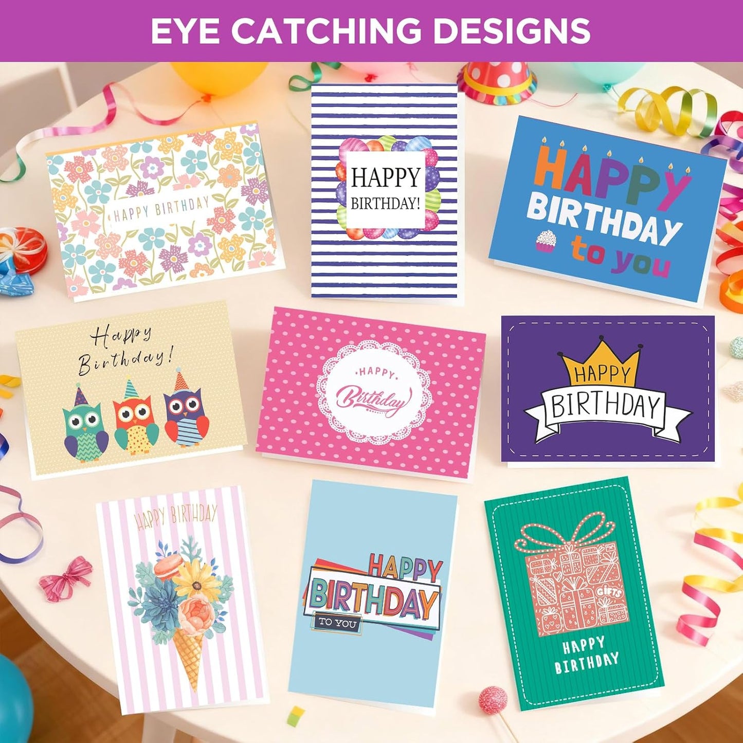 100 Unique Birthday Cards with Envelopes - Assorted Happy Birthday Cards, 4 x 6 inches, Envelopes & Stickers in Bulk Boxed Set