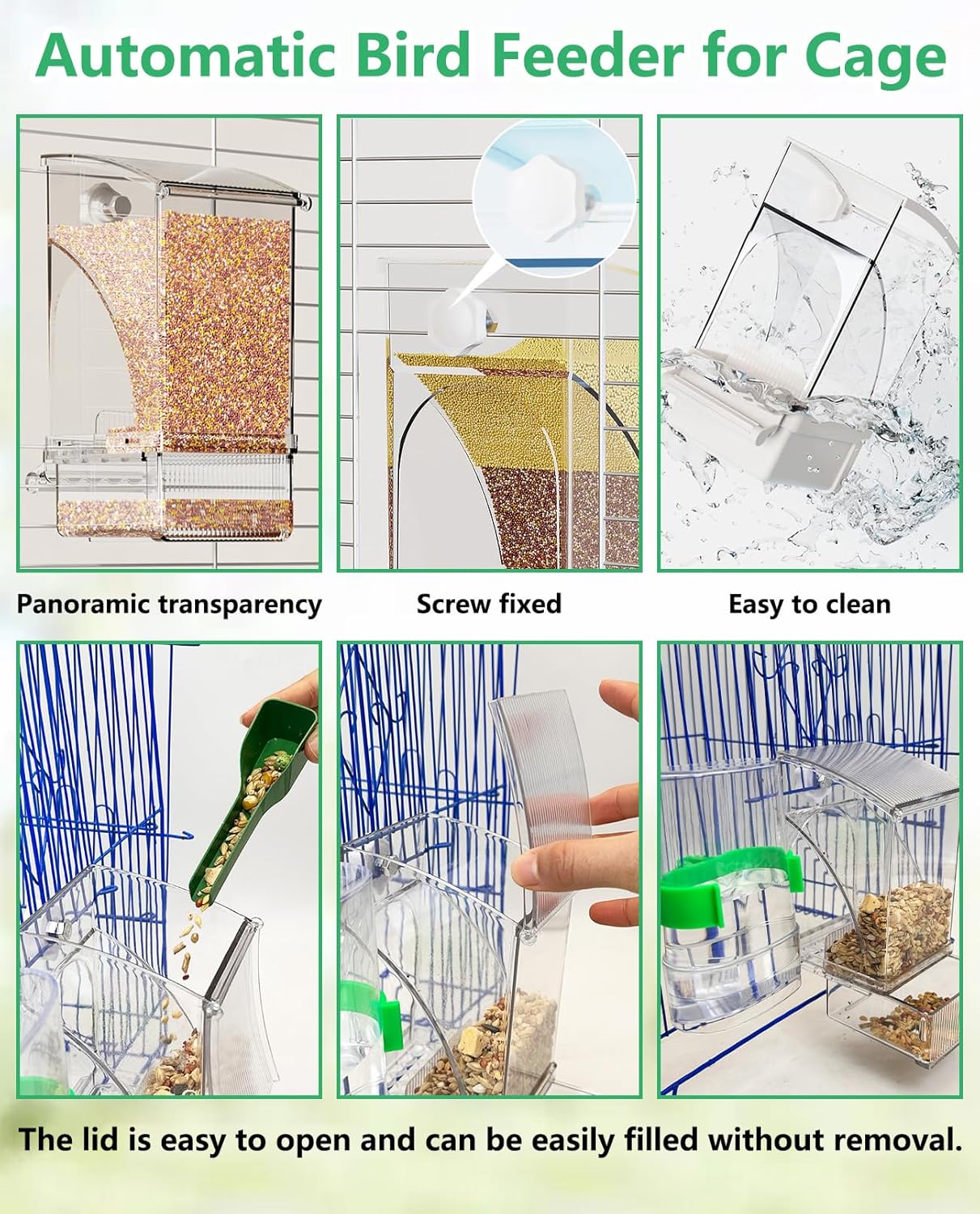 Hamiledyi 2Pcs No Mess Bird Feeder Automatic Bird Cage Feeder Transparent Acrylic Parrot Seed Food Container with Perch for Parakeet Finch Lovebirds Budgies Canary