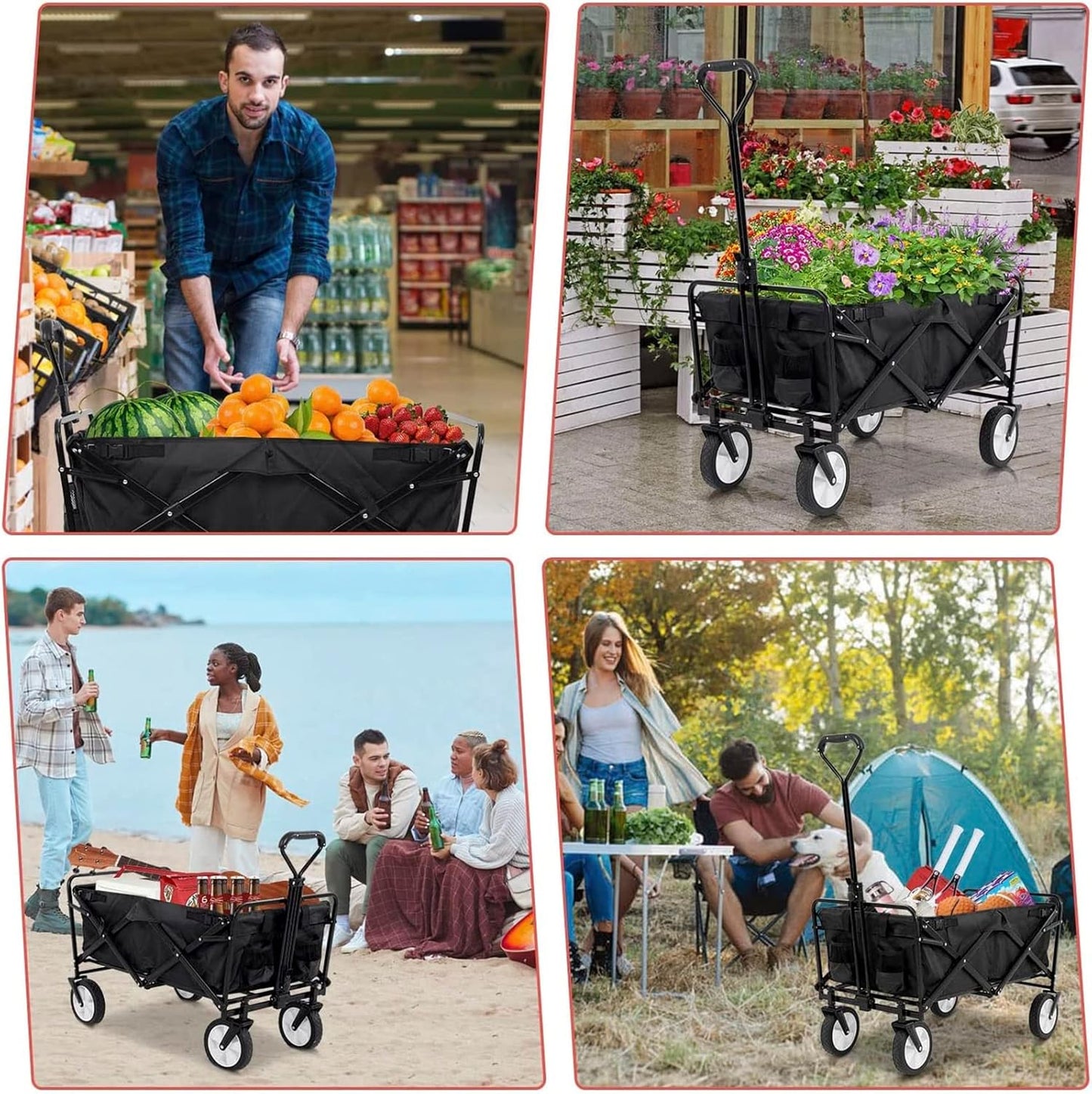 Heavy Duty Collapsible Folding Wagon - Portable Garden Cart with Universal Wheels, Large Capacity Utility Wagon for Outdoor Camping, Beach, Grocery Shopping, Sports, BBQ - Khaki